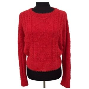 ALYA Women’s Small Sweater Mixed Knit Eyelash Cropped Red 50% Viscose Boxy